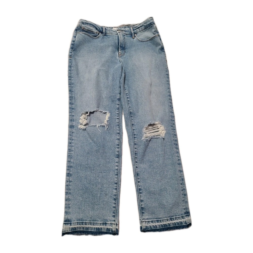 Good American Womens Jeans Size 12/31 Light Wash Distressed Straight Leg Raw Hem